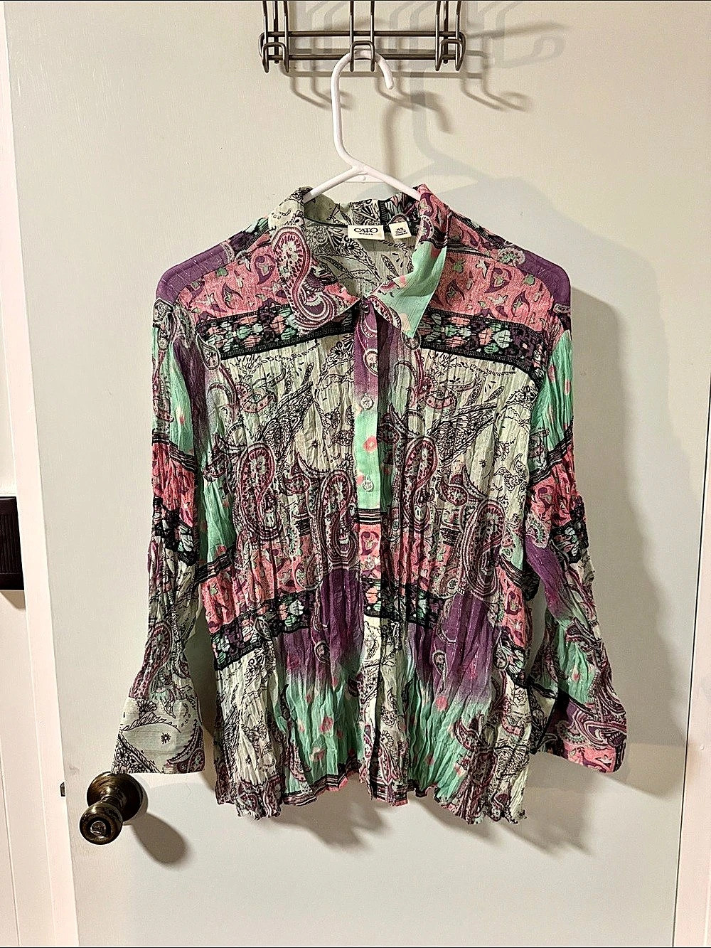 Cato Paisley Button Down Blouse in Green & Purple Like New